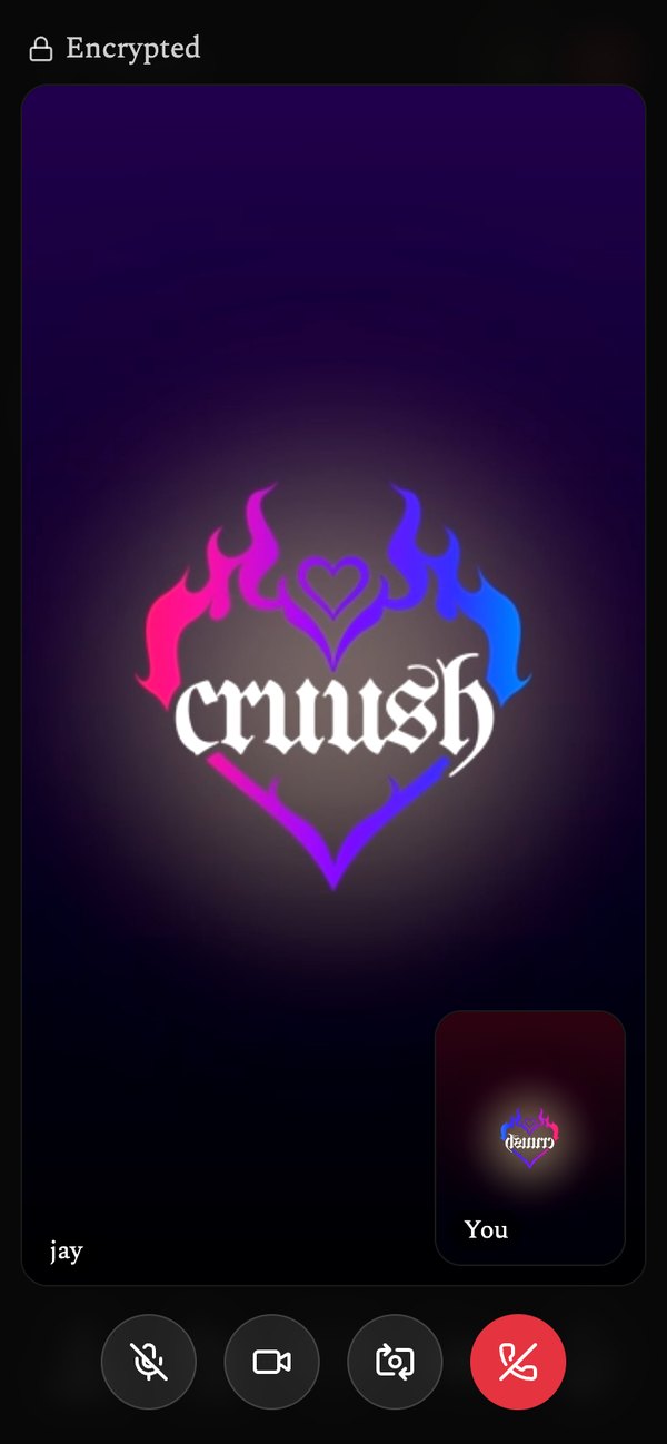 A Glow video call on cruush: jay on camera, you in the corner, Encrypted at the top